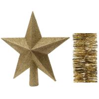 Kerstversiering kunststof glitter ster piek 19 cm en folieslingers pakket goud van 3x stuks - kerstboompieken - thumbnail