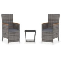 vidaXL 3-delige Loungeset met kussens poly rattan grijs