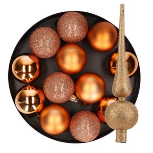 12x stuks kunststof kerstballen 6 cm inclusief glitter piek koper