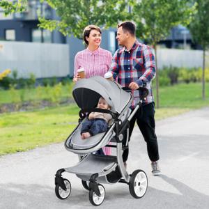 2 In 1 Kinderwagen voor Baby's 0-3 Jaar met Zonnekap Verstelbare Rugleuning Omkeerbare Zitting Wielen met Rem Draagtas Grijs