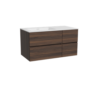Storke Edge zwevend badmeubel 100 x 52 cm notenhout met Mata asymmetrisch linkse wastafel in solid surface mat wit