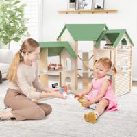 Houten Hoekpoppenhuis met Groen Dak 36 Meubels en Accessoires 3 Verdiepingen 6 Slaapkamers Balkons Garage Auto's