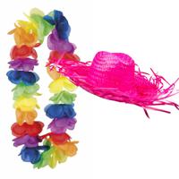 Carnaval verkleedset - Tropical Hawaii party - strohoed - en volle bloemenslinger multi colours - thumbnail