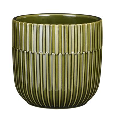 Mica Decorations - Plantenpot/bloempot - keramiek - groen - stripes patroon - D14 x H13 cm