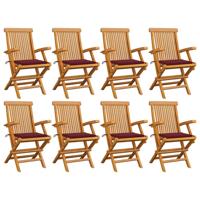 Tuinstoelen 8 st met wijnrode kussens massief teakhout