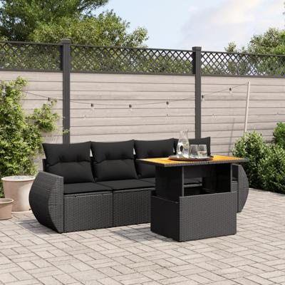 5-delige Loungeset met kussens poly rattan zwart
