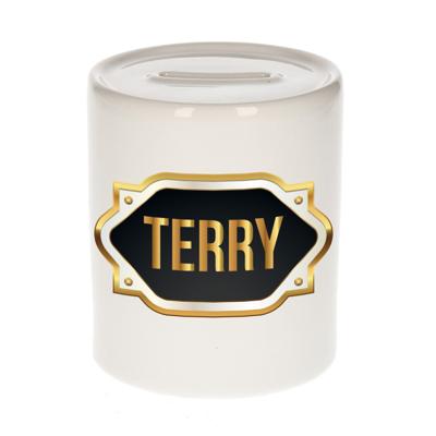 Spaarpot met voornaam Terry - wit - goud/zwart embleem - 8 x 9 cm - keramiek - afsluitdop