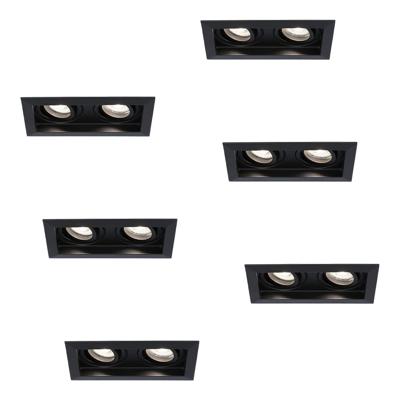 Set van 6 Durham LED Dubbele inbouwspots vierkant - 10 Watt 800 lumen - 6000K daglicht wit - GU10 - Dimbaar Kantelbaar - Voor binnen - Zwart