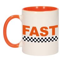 Fast met finish vlag mok / beker oranje wit 300 ml - thumbnail