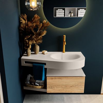 MONDIAZ RIVA 100cm badmeubel onderkast / planchet kleur Washed_Oak met 1 lade. Wastafel DULCET rechts 1 kraangat kleur Linen. MONDIAZ RIVA 100cm badmeubel onderkast / planchet kleur Washed_Oak met 1 lade. Wastafel DULCET rechts 1 kraangat kleur Linen.