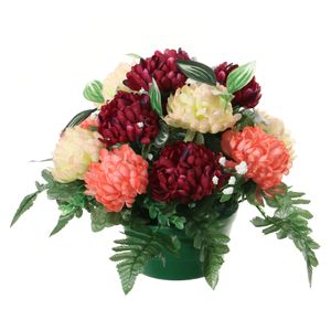 Louis Maes Kunstbloemen in pot - zalm/rood/creme - D30 x H24 cm - Bloemstuk ornament - crysanten met bladgroen   -