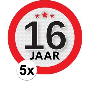 5x 16 Jaar leeftijd stickers rond 9 cm verjaardag versiering   -