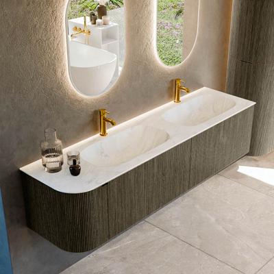 Badmeubel Mondiaz Kurve-Dlux | 175 cm cm | Meubelkleur Shadow | Wastafelkleur Opalo | Solid surface | Dubbel / Rechts spoelbak | 2 kraangaten