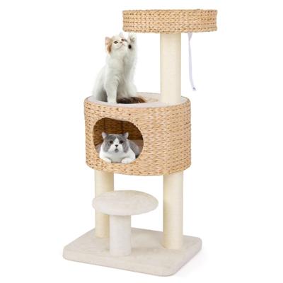104 cm Krabpaal met Kattenmand Kattenboom met Zitstang en Platform Bed Bal Sisal Krabzuilen Kattenkrabpaal Beige + Natuur