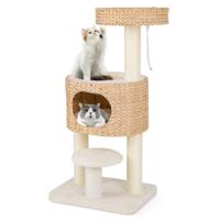 104 cm Krabpaal met Kattenmand Kattenboom met Zitstang en Platform Bed Bal Sisal Krabzuilen Kattenkrabpaal Beige + Natuur