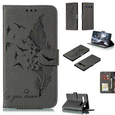 Feather patroon Litchi textuur horizontale Flip lederen draagtas met portemonnee & houder & kaartsleuven voor Galaxy S10 5G (grijs)