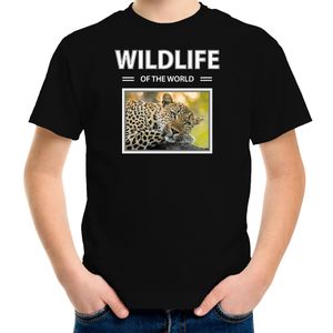 Luipaard t-shirt met dieren foto wildlife of the world zwart voor kinderen