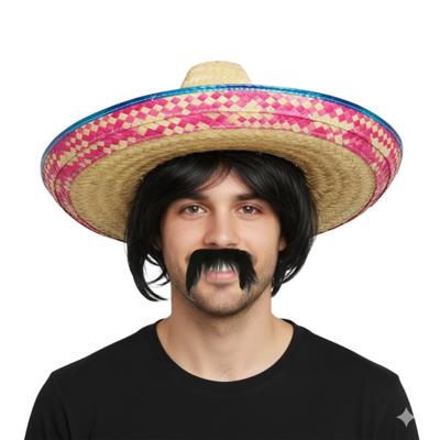 Carnaval verkleed set - Mexicaanse sombrero hoed met plaksnor - gekleurd - heren