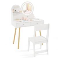 Kinderkaptafelset met Verlichte Spiegel Make-Uptafel en Stoelset Open Plank Haken en Lades Houten Kaptafel Wit