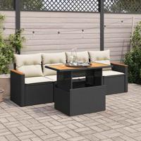 5-delige Loungeset met kussens poly rattan acacia zwart