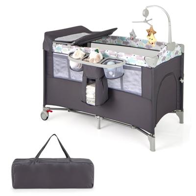 5 In 1 Babybed met Matras en Afneembare Luiertafel Kinderbed met Muziekdoosje en Hangend Speelgoed in Hoogte Verstelbaar (Grijs)