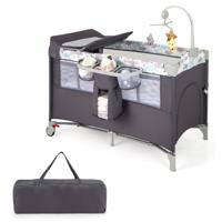 5 In 1 Babybed met Matras en Afneembare Luiertafel Kinderbed met Muziekdoosje en Hangend Speelgoed in Hoogte Verstelbaar (Grijs)