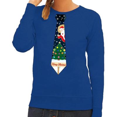 Bellatio Decorations Foute kersttrui - sweater - met stropdas kerst print - blauw - voor dames Bellatio Decorations Foute kersttrui - sweater - met stropdas kerst print - blauw - voor dames