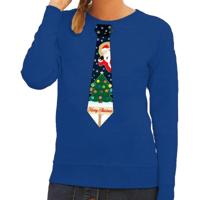 Bellatio Decorations Foute kersttrui - sweater - met stropdas kerst print - blauw - voor dames