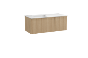 Balmani Forma zwevend badmeubel 120 x 55 cm naturel eiken met Tablo Arcato asymmetrisch linkse wastafel in solid surface mat wit, Verticale asymmetrische ronde ribbel