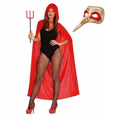 Carnaval gemaskerd bal verkleed set - Snavelmasker - Lange cape met capuchon rood - dames