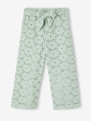 Wijde broek voor meisjes in Engels borduurwerk saliegroen