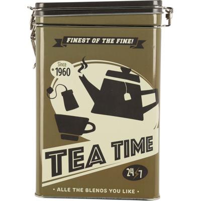 Thee bewaarblik - metaal - retro print bruin - 13 x 8 x 18 cm - theezakjes en losse thee