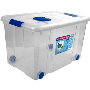 Opbergbox/opbergdoos met deksel en wieltjes 55 liter kunststof transparant/blauw