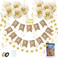Fissaly® Verjaardag Jute Slinger met Papieren Gouden Confetti Ballonnen – Decoratie – Happy Birthday - Letterslinger - thumbnail