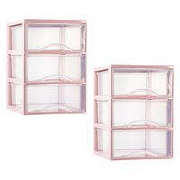 Ladeblokje/bureau organizer - 2x stuks - 3 lades - transparant/roze - L26 x B36 x H37 cm - plastic