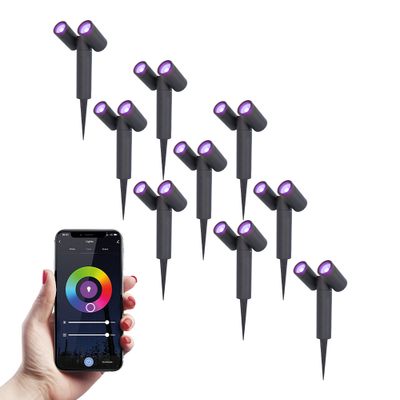 HOFTRONIC™ 9x Pinero double smart dimbare LED prikspot - RGBWW - WiFi & Bluetooth - GU10 - 5.5 Watt - Google assistant & Amazon Alexa - Kantelbaar - Tuinspot - Voor buiten en binnen - Zwart - 3 jaar garantie