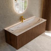 Badmeubel Mondiaz Kurve-Dlux | 120 cm | Meubelkleur Walnut | Wastafelkleur Nata | Solid surface | Wasbak midden spoelbak | 1 kraangat