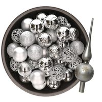 Kerstversiering- 38-dlg- zilver -kunststof kerstballen en glas piek - Kerstbal