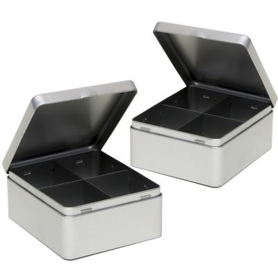 3x stuks theedoos - 4-vaks - metaal - 15x13x7 cm - theekist - zilverkleurig