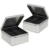 3x stuks theedoos - 4-vaks - metaal - 15x13x7 cm - theekist - zilverkleurig