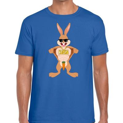 Paas thema t-shirt - Pasen - stoere paashaas - shirt voor heren - blauw - homor thema kleding Paas thema t-shirt - Pasen - stoere paashaas - shirt voor heren - blauw - homor thema kleding