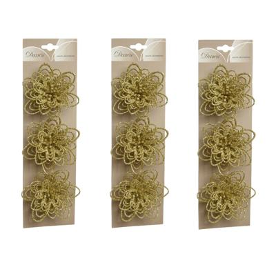 Kerstboomversiering Bloemen - 12x stuks - 11 cm - goud glitter - op clip - ornament