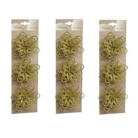 Kerstboomversiering Bloemen - 12x stuks - 11 cm - goud glitter - op clip - ornament