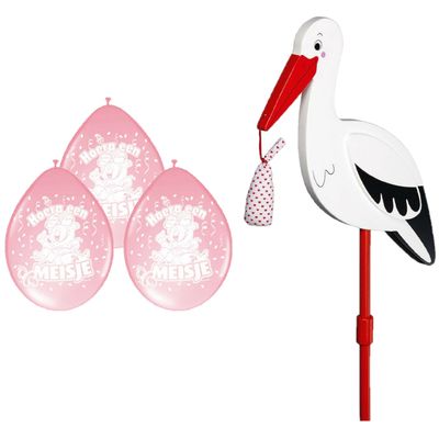Geboorte versiering meisje - ooievaar geboorte bord - 77 cm hoog - 8x roze ballonnen