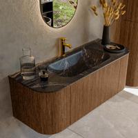 Mondiaz KURVE-DLUX 120 cm Onderkast Greeploos 1 Lade Met Deuren Walnut, Wastafel Solid Surface Midden Lava 1 Kraangat Zonder Spiegel (KRVBGS120L+R1L2D1KM-Wal/Lav)