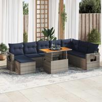 9-delige Loungeset met kussens poly rattan grijs