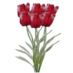 6x Kunstbloemen bosje tulpen rood met dauwdruppels 65 cm