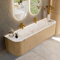 Badmeubel Mondiaz Kurve-Dlux | 170 cm | Meubelkleur Oak | Wastafelkleur Frappe | Solid surface | Midden spoelbak | 2 kraangaten
