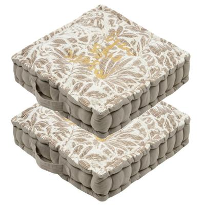 Stof Textile Vloerkussen Leaves - 2x - taupe/wit - katoen - 45 x 45 x 10 cm - vierkant - Extra dik