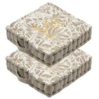 Stof Textile Vloerkussen Leaves - 2x - taupe/wit - katoen - 45 x 45 x 10 cm - vierkant - Extra dik